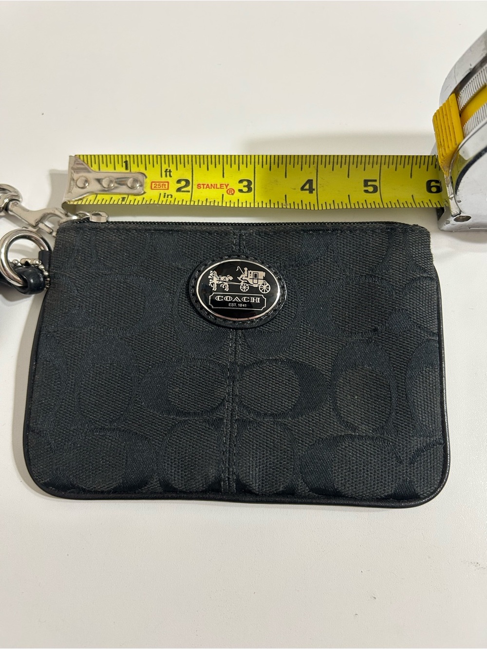 Coach Small Black Wristlet with Signature Monogram Canvas Zip